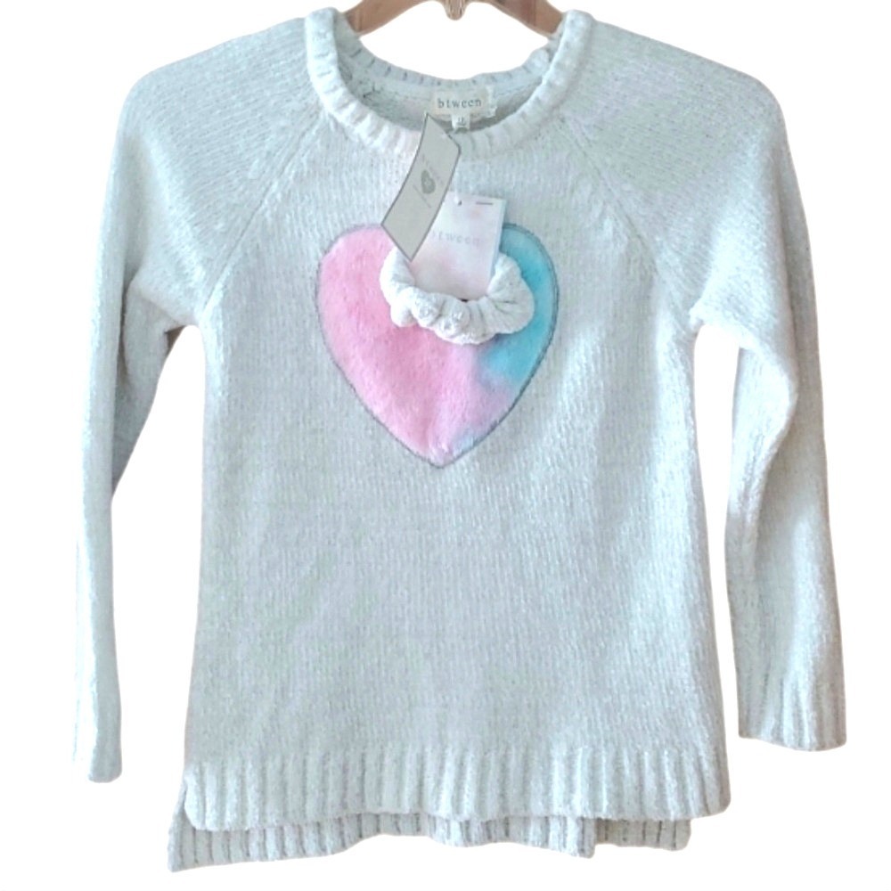 Btween Girls Size 12 NWT White‎ Sparkle Chenille Heart Sweater With Scrunchie